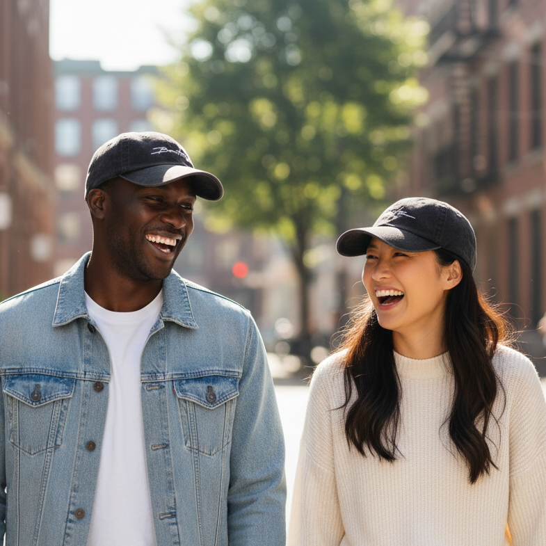 Man en vrouw dragen een BonTon pet met gebogen klep, casual stijl en moderne uitstraling voor dagelijks gebruik.