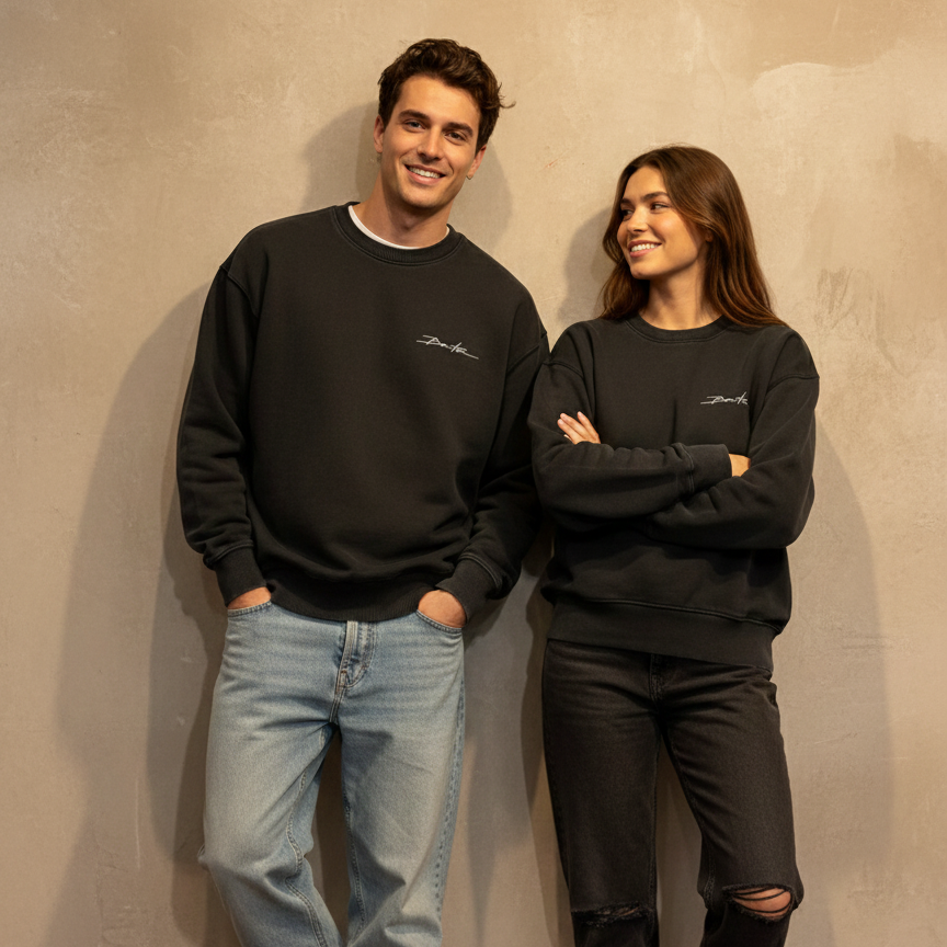 Man en vrouw dragen samen een BonTon sweater met comfortabele pasvorm, neutrale tint en moderne uitstraling.