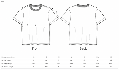 Maattabel met overzicht per maat, inclusief exacte centimeters voor borst, taille en lengte ter verduidelijking.