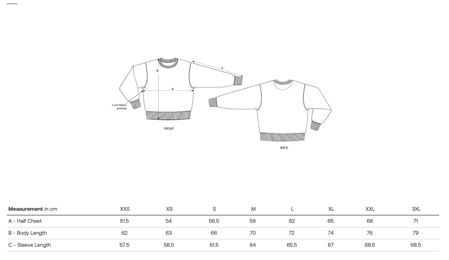Maattabel met overzicht per maat, inclusief exacte centimeters voor borst, taille en lengte ter verduidelijking.