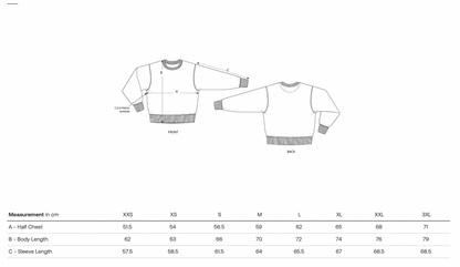 Maattabel met overzicht per maat, inclusief exacte centimeters voor borst, taille en lengte ter verduidelijking.