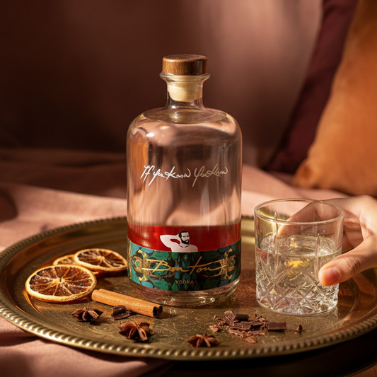 Fles BonTon wodka staat op een plateau, omringd door specerijen die luxe, smaak en ambachtelijke uitstraling benadrukken.